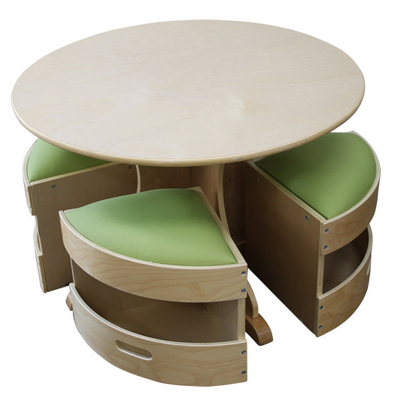 Billy Kidz Round Wooden Table - with 4 Green Padded Stools - Your Capability Store