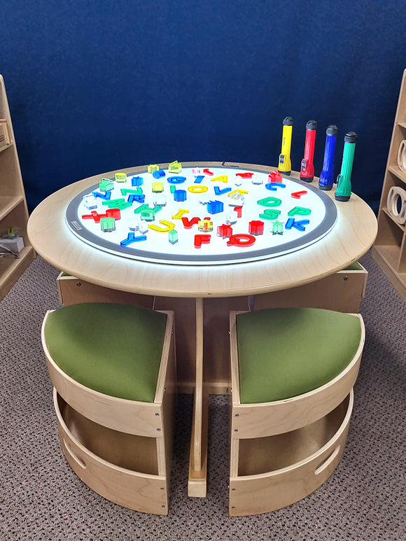 Billy Kidz Round Wooden Table - with 4 Green Padded Stools - Your Capability Store