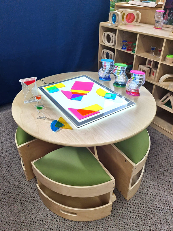 Billy Kidz Round Wooden Table - with 4 Green Padded Stools