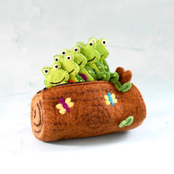 5 Little Speckled Frogs Finger Puppet set with log bag